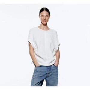 NWT ZARA White Blouse with Rolled Sleeve TOP  Size S Ref. 2143/055